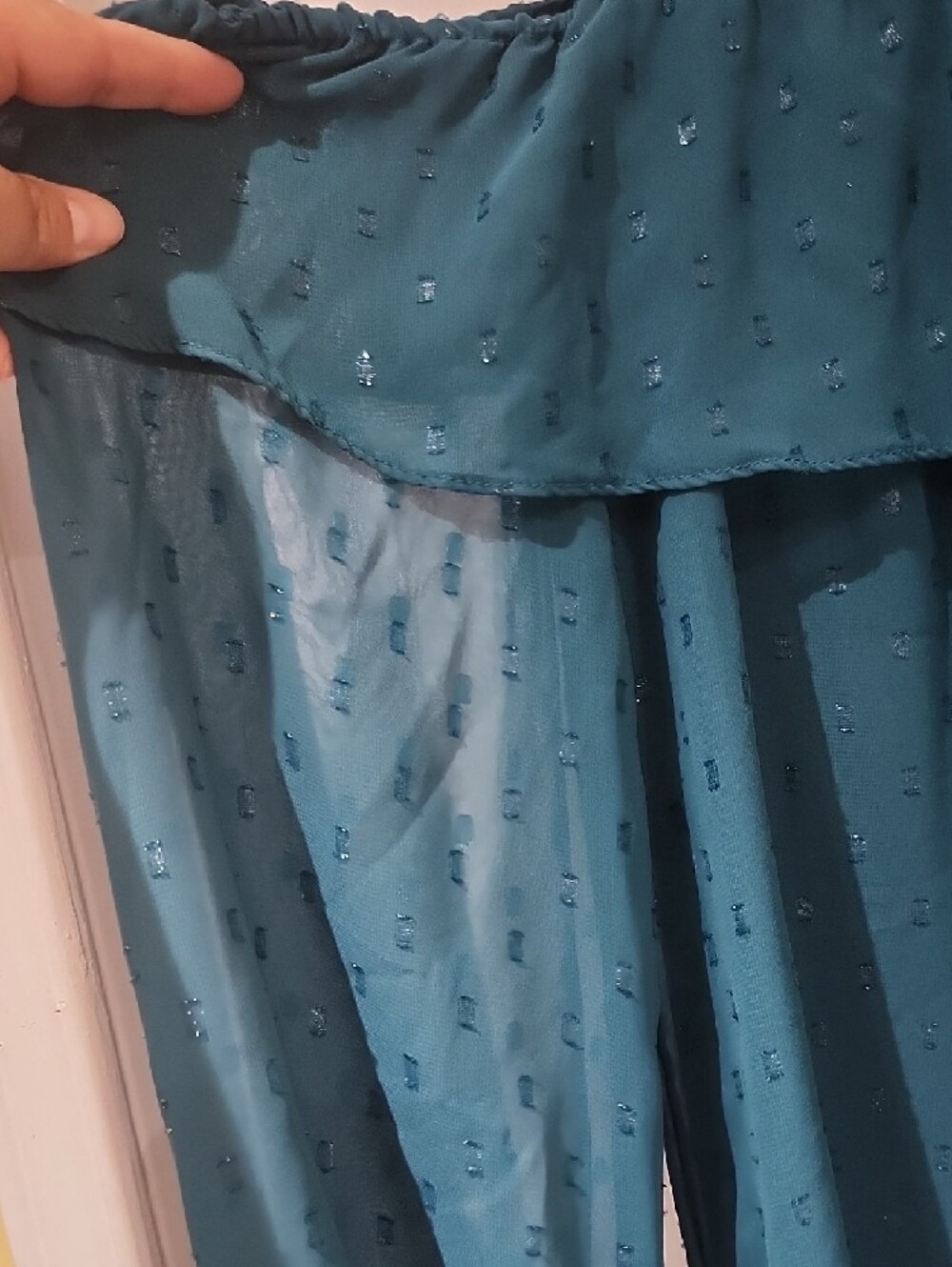 Teal Ruffle Cold-Shoulder Blouse - Picture 3 of 3